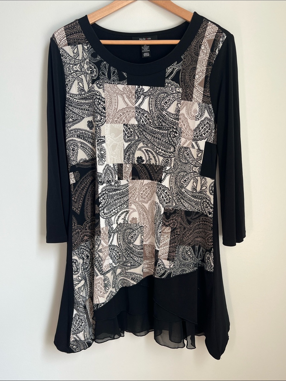 Style & Co. | Black and Beige Paisley Patchwork Tunic Size S